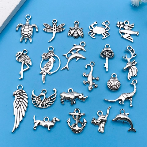 Antique Silver Alloy Animal Charms Pendants For DIY Jewelry Making Necklace Bracelet Dolphin Dinosaur Flamingo Owl Turtle Jewelry Finding
