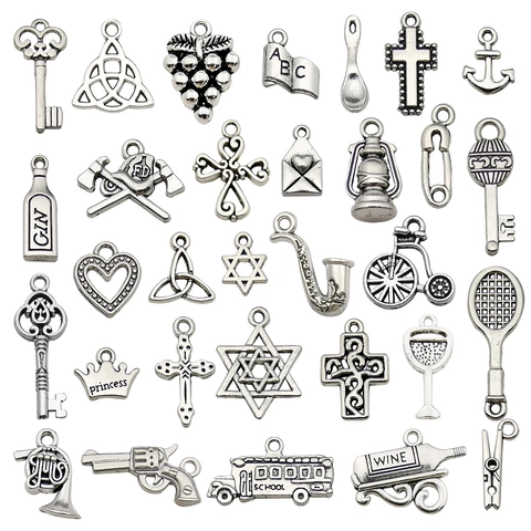 Vintage Antique Silver Zinc Alloy Charms Pendants For DIY Jewelry Making Bracelet Necklace Mixed Key Heart Cross Shapes