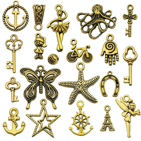 Antique Gold Zinc Alloy Pendants Charms Assorted Mix Retro Key Butterfly Anchor Starfish DIY Jewelry Making Accessories For Necklace Bracelet