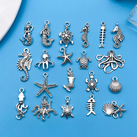 Antique Silver Alloy Ocean Animal Pendants Seahorse Turtle Starfish Mermaid Fish Bone DIY Jewelry Making Accessories