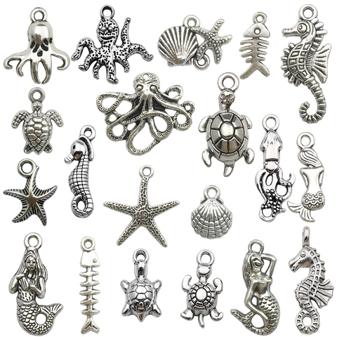 Antique Silver Alloy Ocean Animal Pendants Seahorse Turtle Starfish Mermaid Fish Bone DIY Jewelry Making Accessories