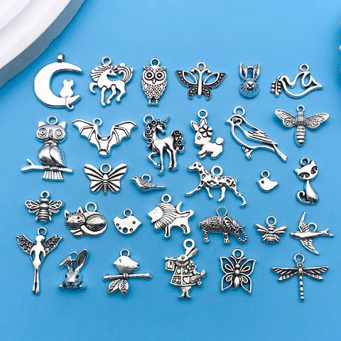 Antique Silver Alloy Animal Charms Mixed Styles For DIY Jewelry Making Rabbit Owl Cat Butterfly Elephant Hanging Ornaments