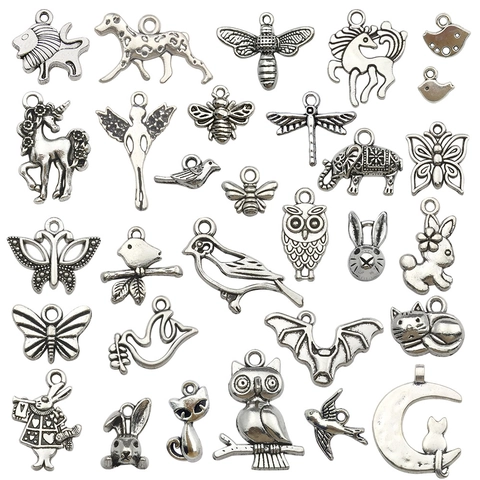 Antique Silver Alloy Animal Charms Mixed Styles For DIY Jewelry Making Rabbit Owl Cat Butterfly Elephant Hanging Ornaments