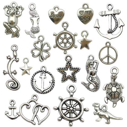 Vintage Ancient Silver Alloy Nautical Charms Mermaid Anchor Ship Wheel Turtle Clover Heart Star Pendants DIY Jewelry Charms