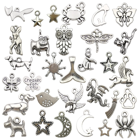30PCS Antique Silver Zinc Alloy Mixed Charms Pendants DIY Jewelry Making Necklace Antique Animal Star Moon Sun Charms