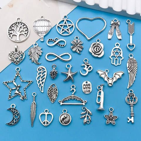 Vintage Zinc Alloy Mixed Charms Pendants For Jewelry Making DIY Bracelet Antique Silver Wings Heart Tree Of Life Charms