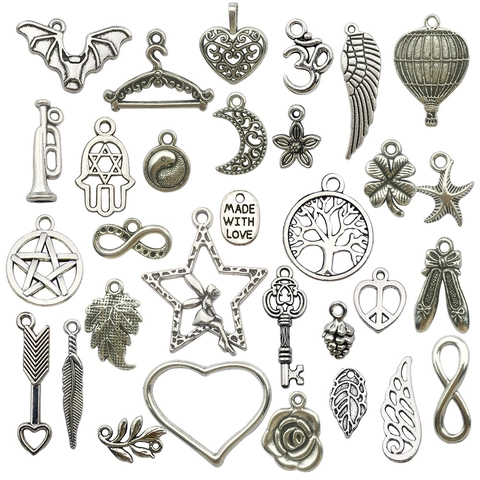 Vintage Zinc Alloy Mixed Charms Pendants For Jewelry Making DIY Bracelet Antique Silver Wings Heart Tree Of Life Charms