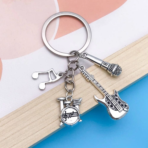 Musikinstrument Metall Schlüsselanhänger Mit Gitarre Trommel Mikrofon Musiknote Anhänger Altsilber Zinklegierung Tasche Anhänger