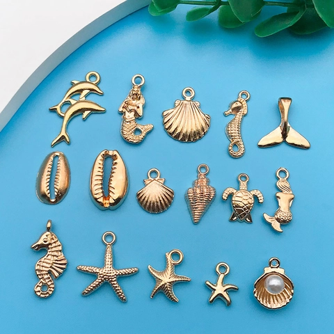 KC Gold Alloy Ocean Animal DIY Jewelry Charms Starfish Seahorse Mermaid Shell Turtle Dolphin Whale Tail Crafting Pendants