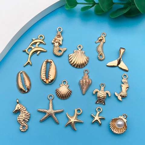 KC Gold Alloy Ocean Animal DIY Jewelry Charms Starfish Seahorse Mermaid Shell Turtle Dolphin Whale Tail Crafting Pendants