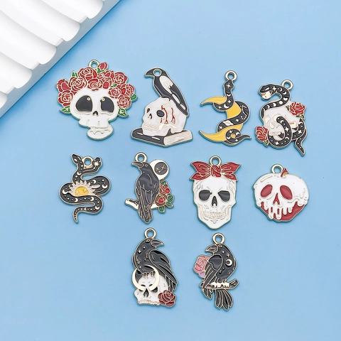 Halloween Anhänger Emaille Gothik Totenkopf Rabe Schlange Charms Für DIY Halskette Armband Herstellung Schmuck Zubehör