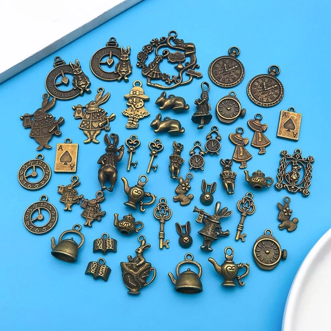 Vintage Alice In Wonderland Alloy Pendants Rabbit Clock Teapot Key Charms For DIY Jewelry Making Accessory Mix Antique Bronze