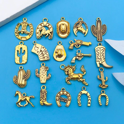 Western Cowboy Alloy Charms Antique Gold Cactus Horseshoe Hat Boot Pistol Poker DIY Jewelry Making Pendants For Necklace