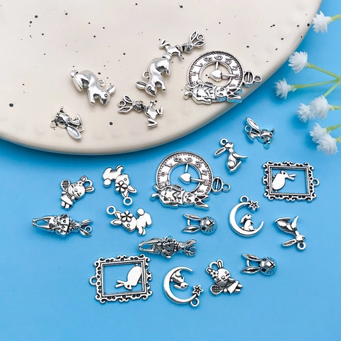 Vintage Antique Silver Zinc Alloy Rabbit Pendants Set Alice In Wonderland Clock Moon Bunny Charms For DIY Jewelry Making Accessories