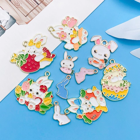Easter Enamel Zinc Alloy Rabbit Pendants Set For DIY Jewelry Making Colorful Drip Oil Animal Bunny Flower Carrot Charms Accessories