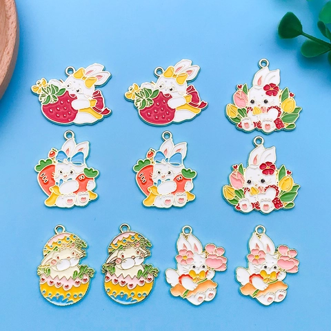 Easter Bunny Rabbit Charms Zinc Alloy Enamel Rabbit Pendants For DIY Jewelry Making Easter Egg Strawberry Flower Tulip Animal Accessories
