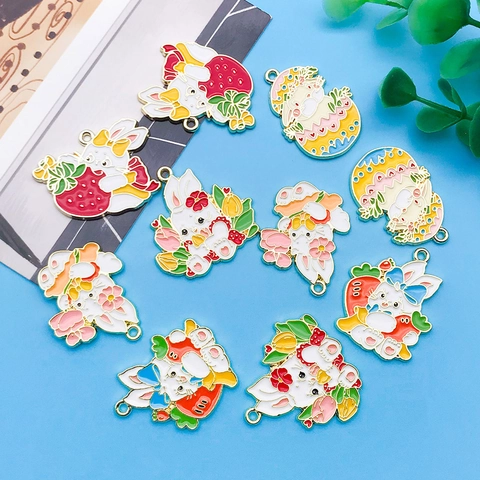 Easter Bunny Rabbit Charms Zinc Alloy Enamel Rabbit Pendants For DIY Jewelry Making Easter Egg Strawberry Flower Tulip Animal Accessories