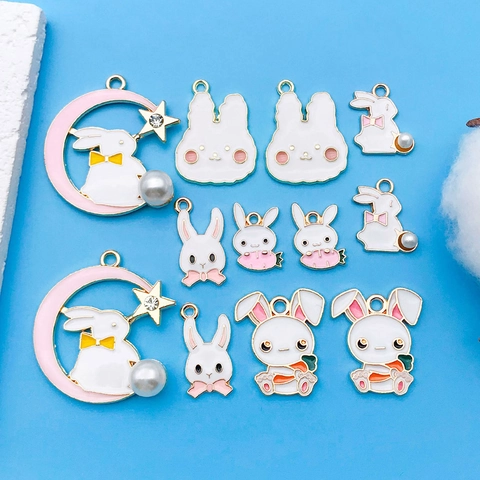 Cartoon Cute Easter Rabbit Enamel Charms Zinc Alloy Moon Bunny Pendants With Rhinestone Artificial Pearl For DIY Jewelry Making