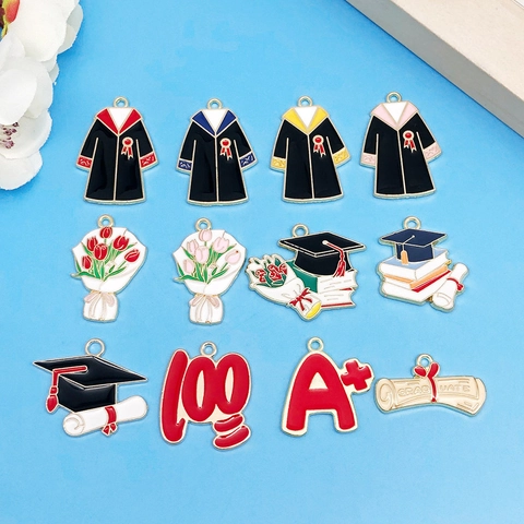 Graduation Season Zinc Alloy Enamel Charms For DIY Jewelry Making Graduation Cap Degree Gown Books Diploma Flower Pendant Accessories