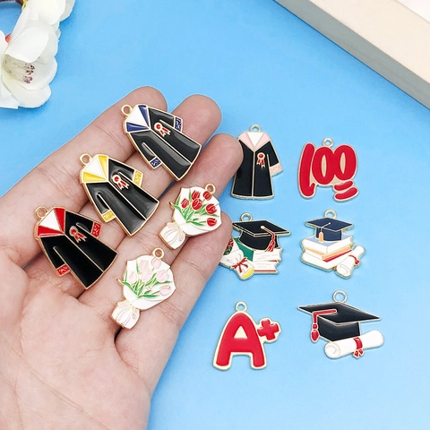 Graduation Season Zinc Alloy Enamel Charms For DIY Jewelry Making Graduation Cap Degree Gown Books Diploma Flower Pendant Accessories