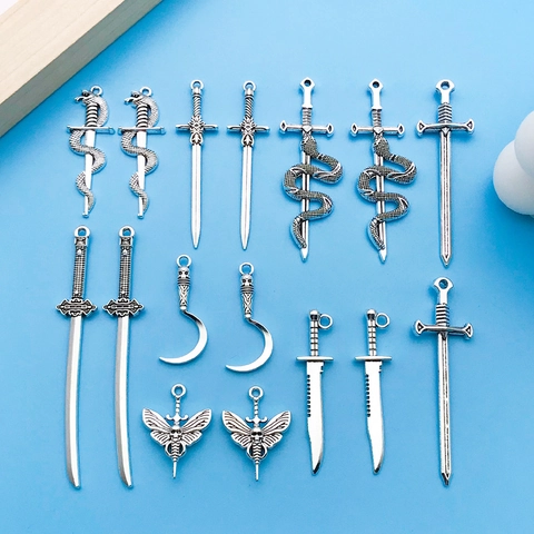 Alloy Sword Dagger Weapon Pendants For DIY Necklace Keychain Making Vintage Gothic Jewelry Charms Accessories Antique Silver