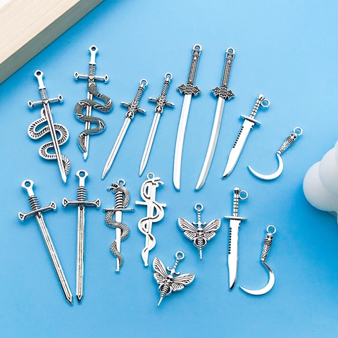 Alloy Sword Dagger Weapon Pendants For DIY Necklace Keychain Making Vintage Gothic Jewelry Charms Accessories Antique Silver
