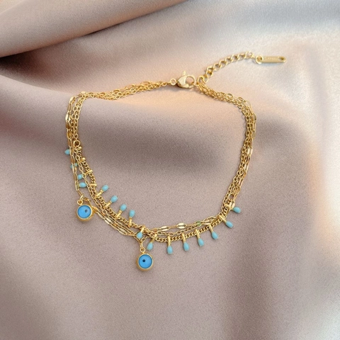 Chevillère Multicouche en Acier Inoxydable Plaqué Or Mauvais Œil pour Femme Bijoux de Pied Bohème Émail Bleu Perles Turquoise