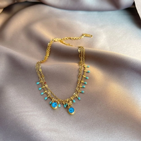 Chevillère Multicouche en Acier Inoxydable Plaqué Or Mauvais Œil pour Femme Bijoux de Pied Bohème Émail Bleu Perles Turquoise