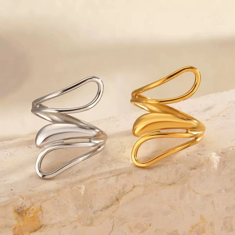 Stainless Steel Line Open Ring For Women Abstract Wavy Geometric Hollow Out Minimalist Hip Hop Plated Gold Fashion
