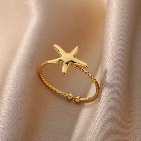 Anello Aperto a Forma di Stella Marina e Conchiglia in Lega Placcata Oro Donna Set Gioielli Regolabili Orecchini Collana