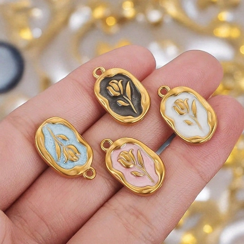 Colgantes de Acero Inoxidable con Esmalte y Relieve Floral Rosa Tulipán Forma Ovalada para Creación de Joyas DIY Vintage