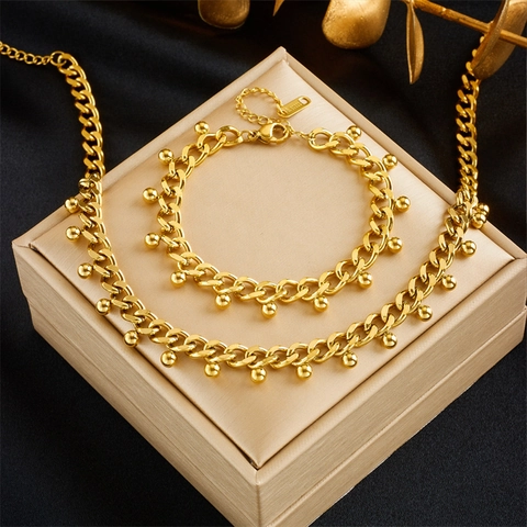 Titanium Steel Chunky Chain Necklace And Bracelet With Bead Charms Golden Fashion Jewelry For Women Daily Accessory