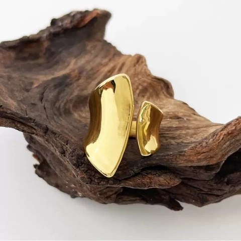 Chunky Open Ring 316L Stainless Steel 18K Gold Plated Geometric Irregular Wave Metal Style Adjustable For Women