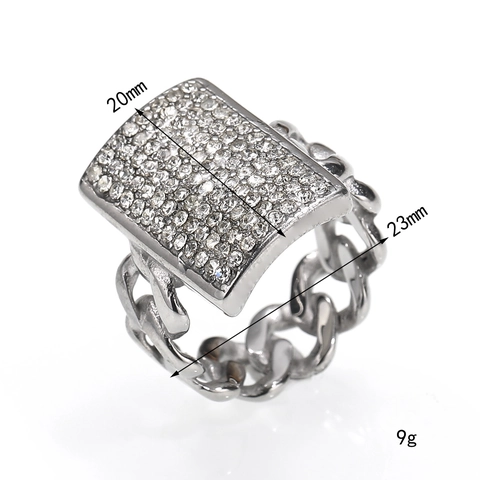Hip-hop Stainless Steel Cuban Link Chain Ring For Women Men Rectangle Inlaid Zirconia Artificial Pearl Fashion Jewelry Gift