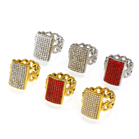 Hip-hop Stainless Steel Cuban Link Chain Ring For Women Men Rectangle Inlaid Zirconia Artificial Pearl Fashion Jewelry Gift