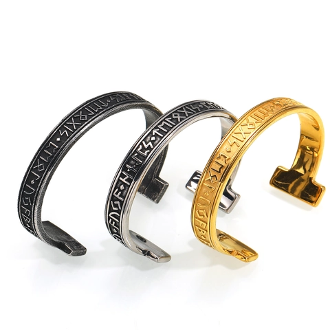 Retro Nordic Viking Rune Cuff Bracelet For Men Stainless Steel Futhark Engraved Open Bangle Gold Silver Fashion Wristband