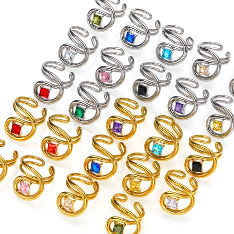 Titanstahl Hohl Linien Offener Ring Für Damen 18K Vergoldet Quadratisch Zirkonia Verstellbar Mode Finger Schmuck Geschenk