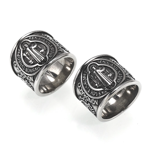 Bague Médaille Saint Benoît Vintage en Acier Inoxydable pour Hommes Punk Gothique Religieux Croix Exorcisme Bijoux Cadeau