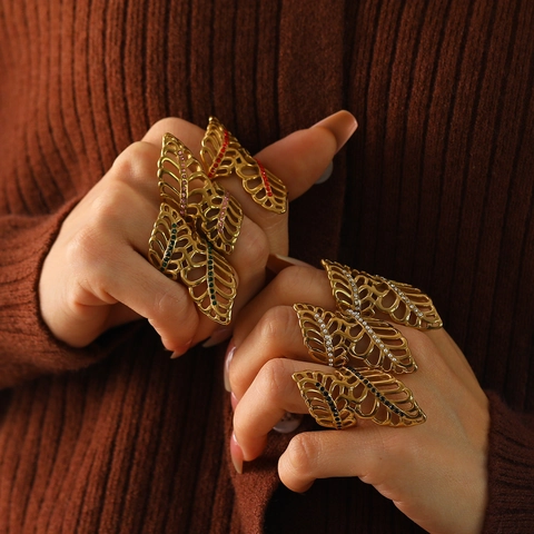Vintage Titanstahl Hohl Blatt Ring Mit Strass Künstliche Perle Statement Schmuck Exotischer Fingerring Für Damen