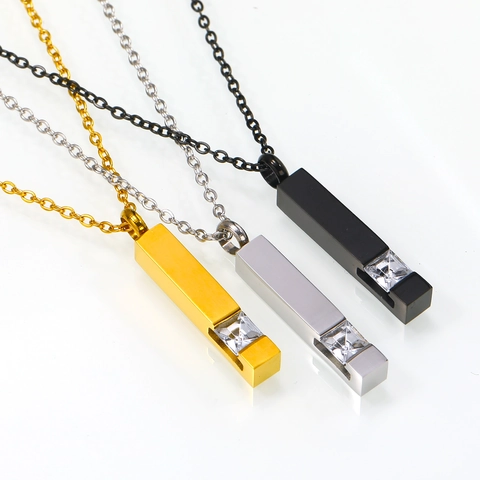 Stainless Steel Cremation Memorial Necklace For Ashes Zircon Inlaid Rectangular Pillar Perfume Bottle Pendant Necklace