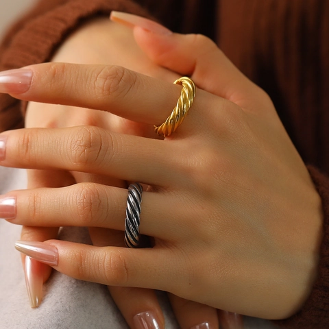 Bague Corde Torsadée en Acier Titane Minimaliste pour Femmes Style INS Bijoux de Doigt Haute Qualité Or Argent Cadeau
