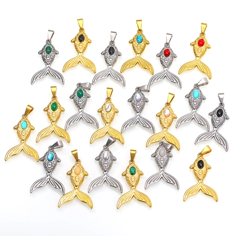 Vintage Roestvrij Staal Koikarper Hanger Halsketting Voor Vrouwen Ingelegde Synthetische Edelsteen Elegante Dierlijke Charme Sieraden