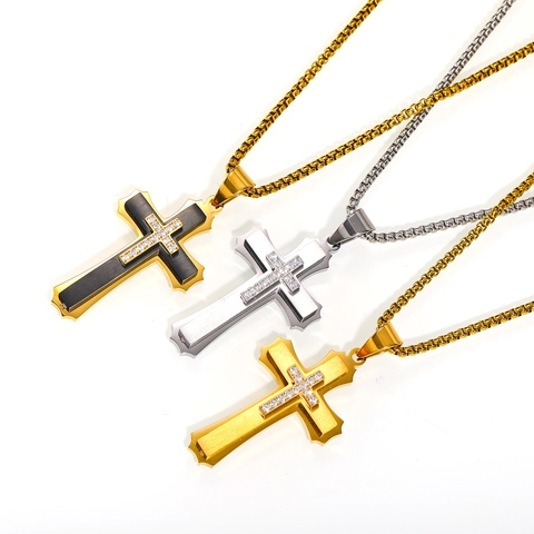 Hip Hop Roestvrij Stalen Drielaags Kruis Hanger Ketting Voor Mannen Punk Sieraden Accessoire Strass Ingelegd Cadeau