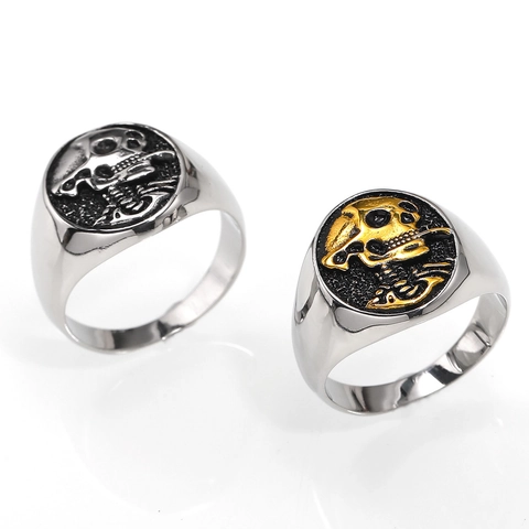 Bague Chevalière Tête de Mort en Acier au Titane Punk pour Homme Gothique Rétro Acier Inoxydable Or Argent Bijoux Biker