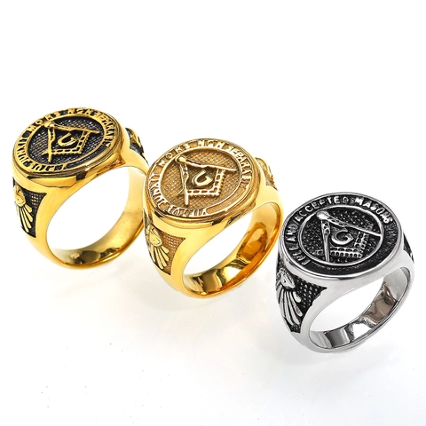 Anillo de Sello de Tótem Masónico Acero de Titanio Vintage Punk Hip Hop Estilo Retro Ojo de la Providencia Joyería Hombre