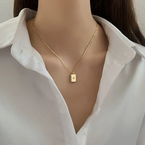 Vintage Titanstahl Achtzackiger Stern Quadratischer Anhänger Halskette Für Damen Gold Silber Strass Eingelegte Schlüsselbeinkette Schmuck