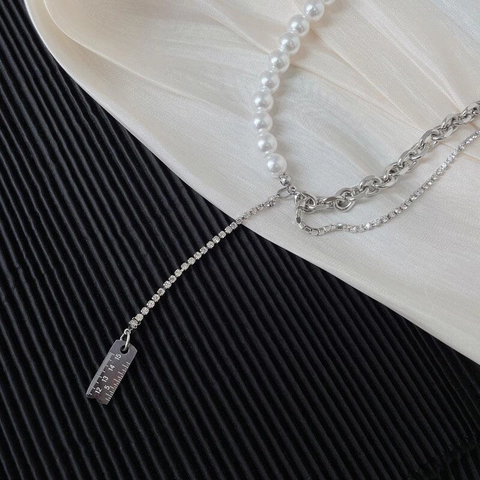 Stainless Steel Splicing Necklace For Women Faux Artificial Pearl Rhinestone Chain Ruler Scale Pendant Industrial Fashion Jewelry