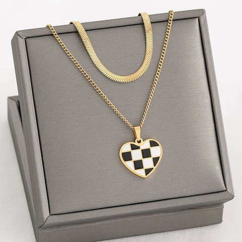 Collana a Doppio Strato in Acciaio Inossidabile per Donna Ciondolo Cuore Scacchiera Catena a Serpente Gioielli Regalo