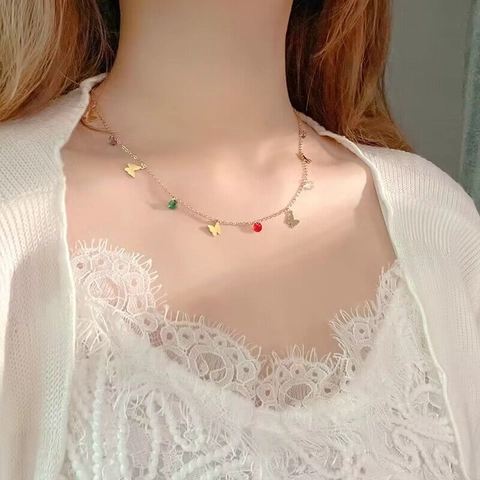 Titanium Steel Butterfly Pendant Necklace Colorful Rhinestone Clavicle Chain For Women Girls Minimalist Forest Style Jewelry Gift