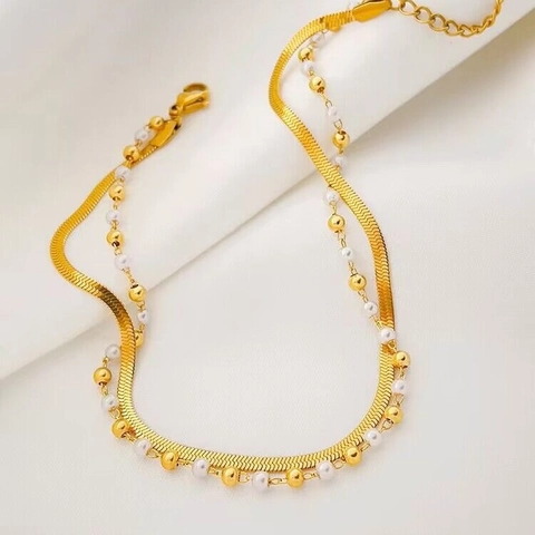 Tobillera de Doble Capa de Acero de Titanio Con Perla Artificial Dorado Cadena de Serpiente Tobillera para Mujer Lujo Ligero Estilo Diseñador de Nicho Joyería
